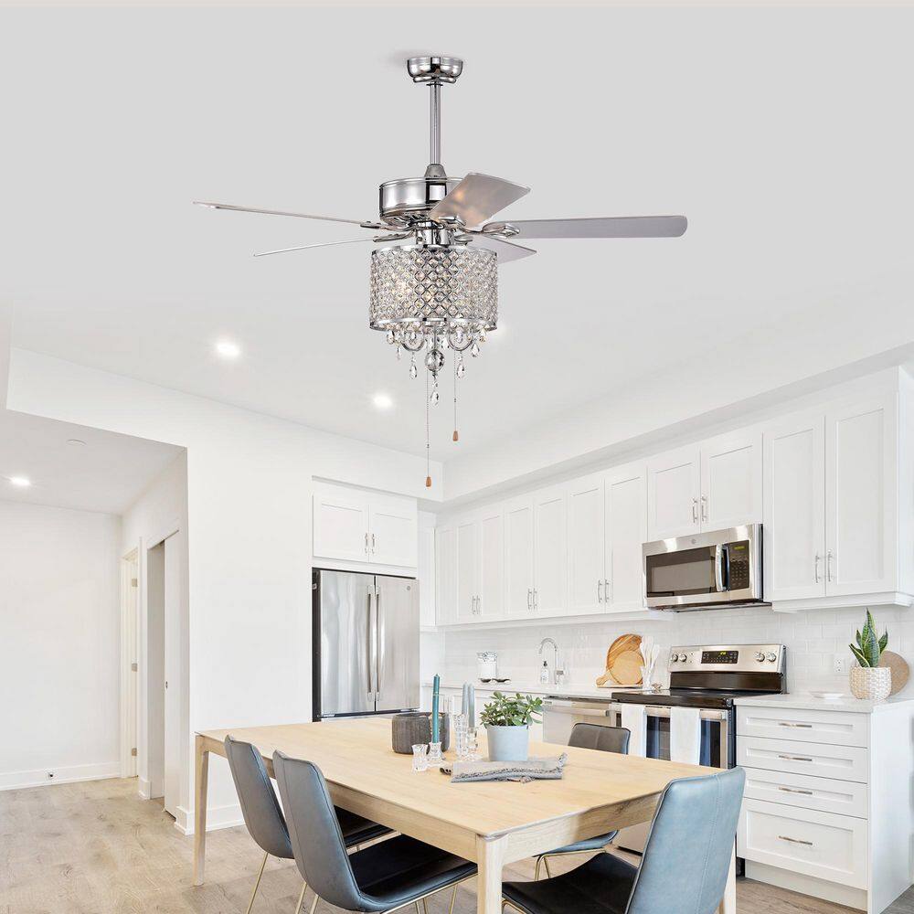 52 in. Smart Indoor/Outdoor Chrome Ceiling Fan with Remote Control and 5 Blades Reversible AC Motor Crystal Fan Light - Hercitys