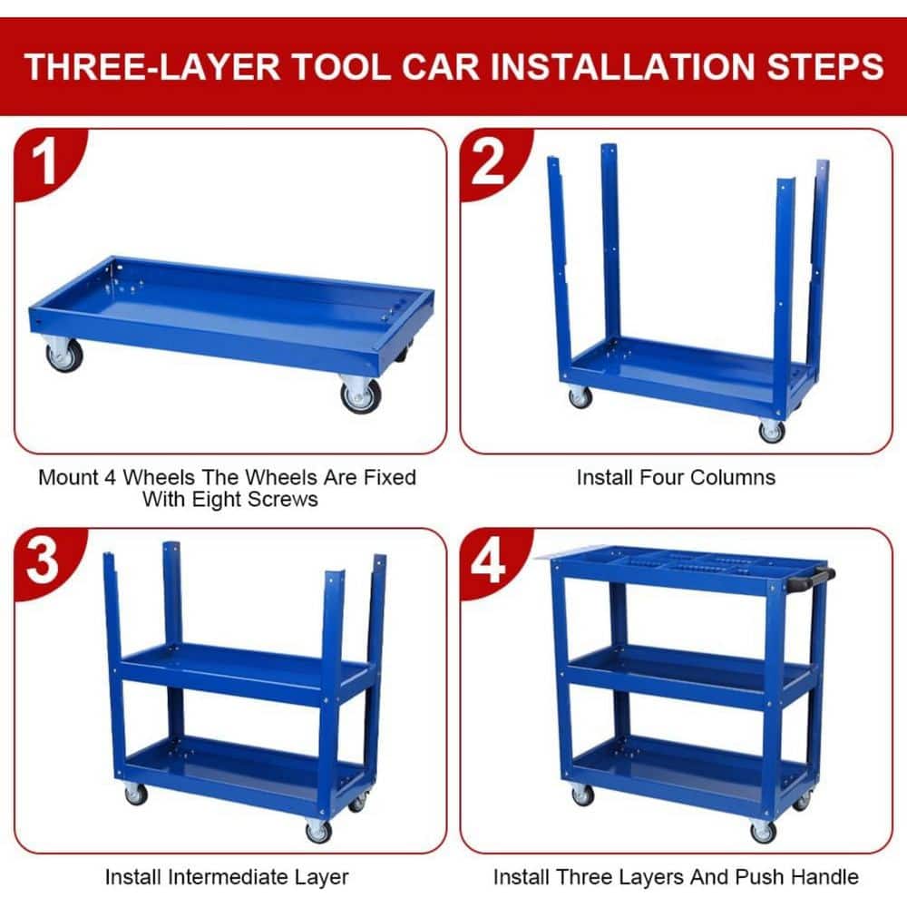 3 Tier Tool Cart on Wheels 450 lb. Heavy-Duty Steel UtilityCart with Lockable Wheels for Kitchen Garage Warehouse, Blue - Hercitys