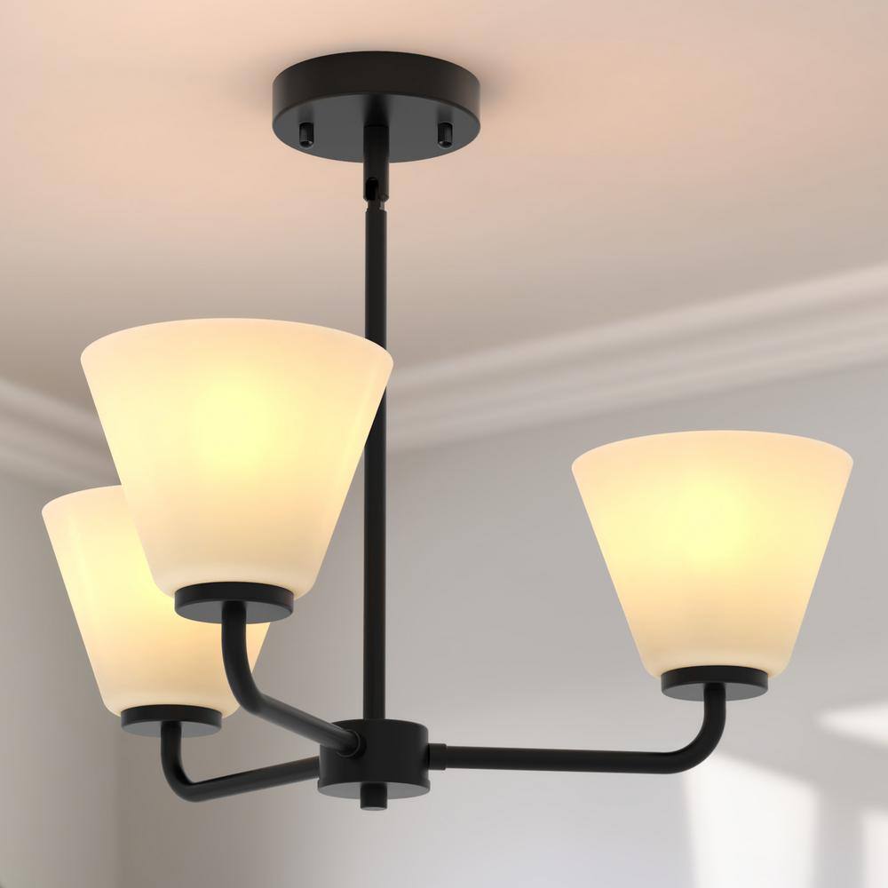 20 in. 3-Light Black Modern Semi-Flush Mount Pendant Lighting, Adjustable Height with Glass Shades for Dining Room - Hercitys