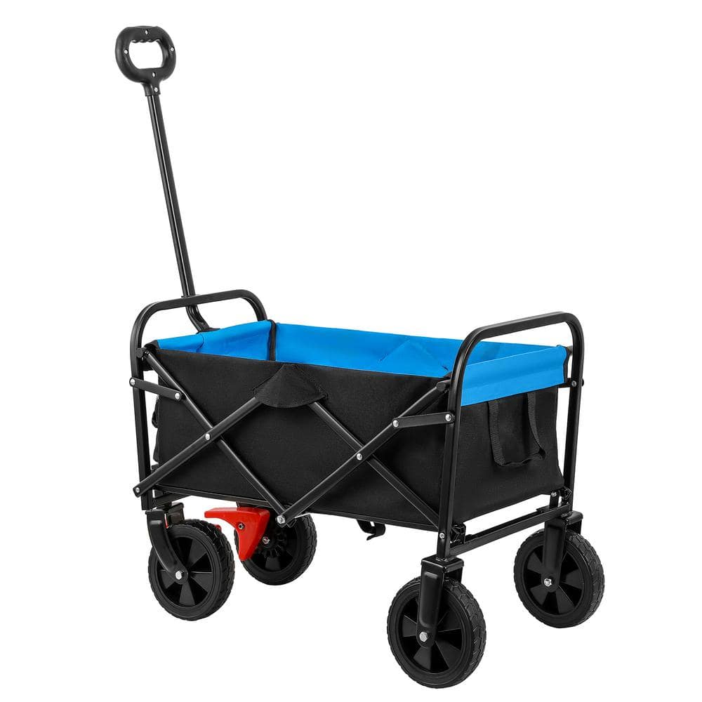 1.8 cu. ft. Blue Black Metal Mini Folding Garden Cart with Two Brakes and Tow Cup Holders - Hercitys