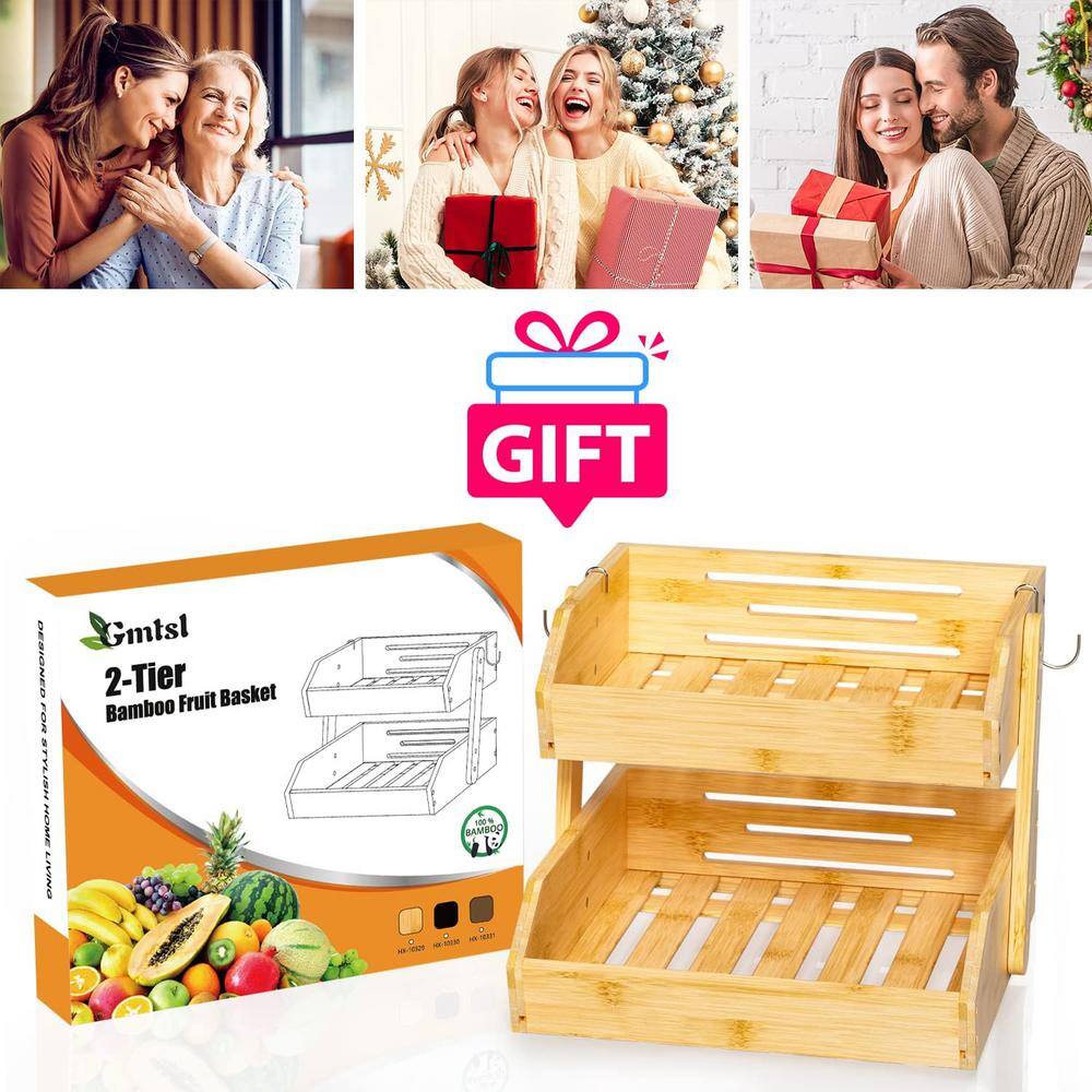 2-Tier Bamboo Fruit Bowl For Kitchen Counter with 2-Banana Hangers for Fruit and Vegetable Storage - Hercitys