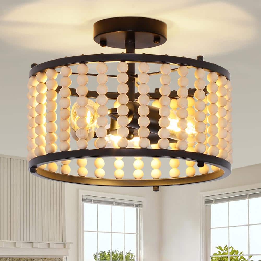 12.6 in. 3-Light Black Farmhouse Wood Beaded Shade Semi-Flush Mount Ceiling Light - Hercitys