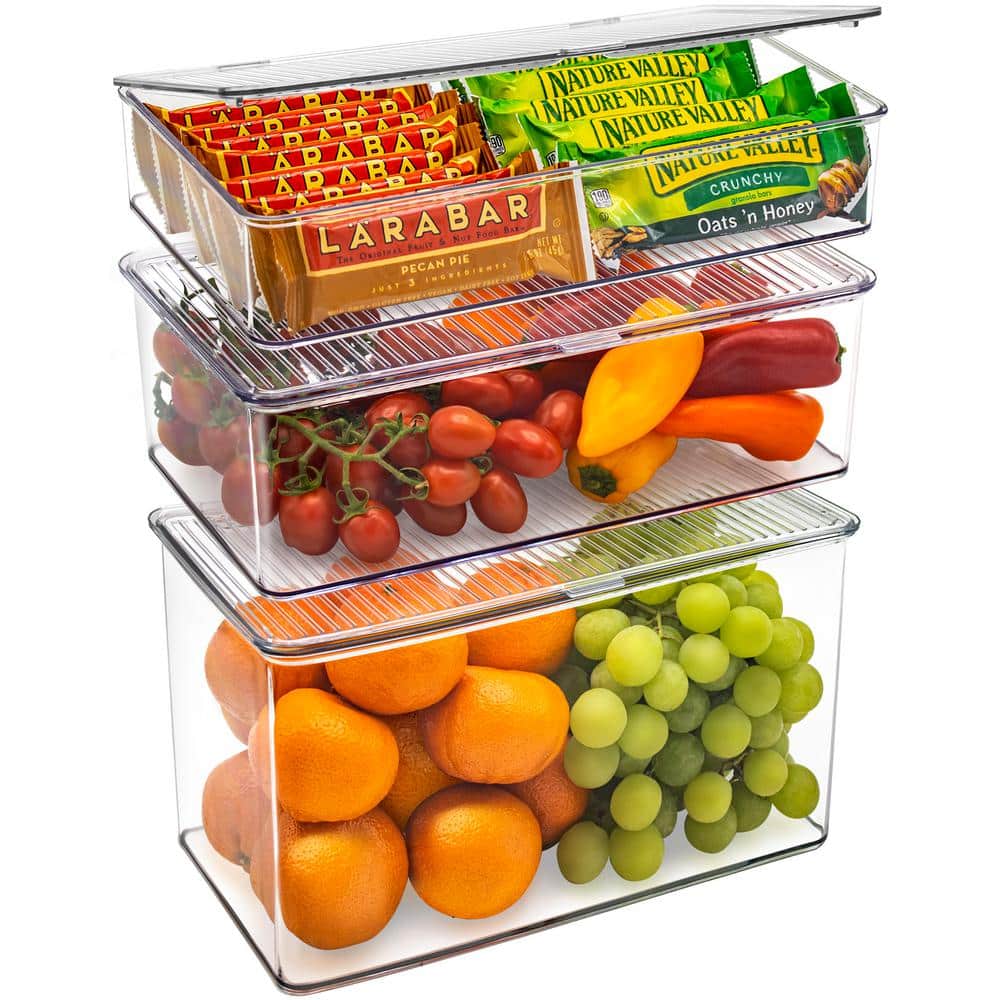 3 Pack Clear Plastic Storage Bins with deviders and Lids for fridge and Pantry Stackable organizer set - Hercitys