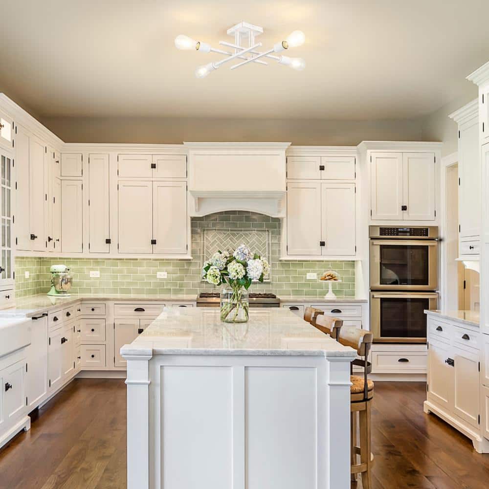 18.11 in. 4-Light Distressed White Modern Sputnik Semi- Flush Mount Ceiling Lights with No Bulbs Included - Hercitys