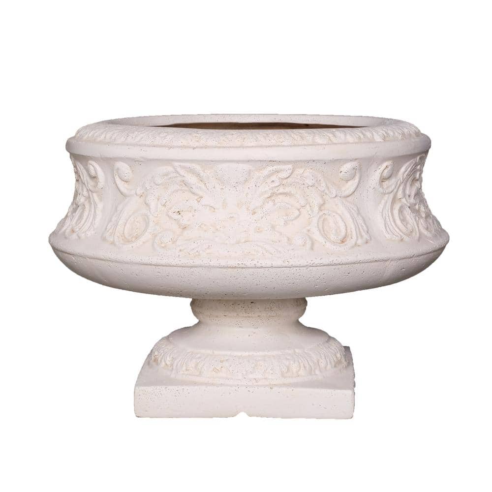 16.25 in. Dia Light Aged White Cast Stone Fiberglass Ornate Low Urn - Hercitys