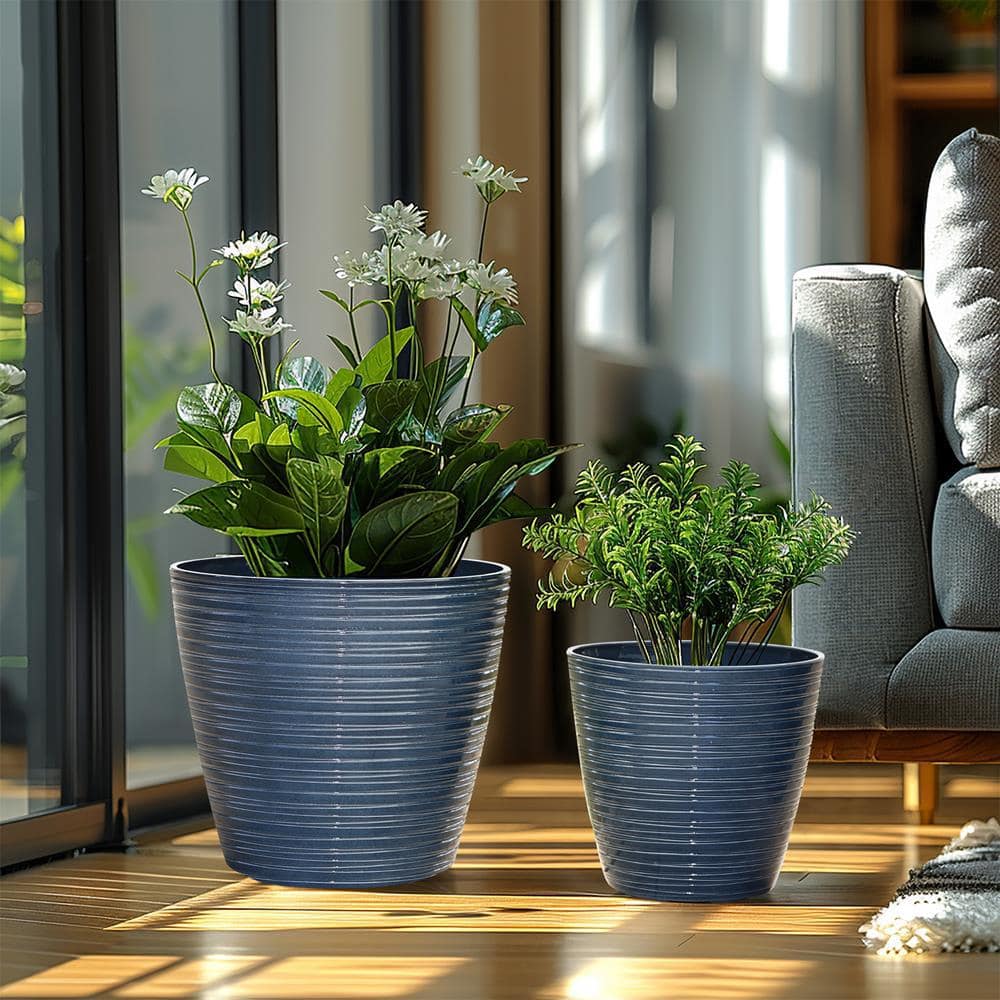 11.02 in. W x 10.04 in. H Marine Blue Tapered Round Tropical Plastic Planters Set (2-Piece) - Hercitys