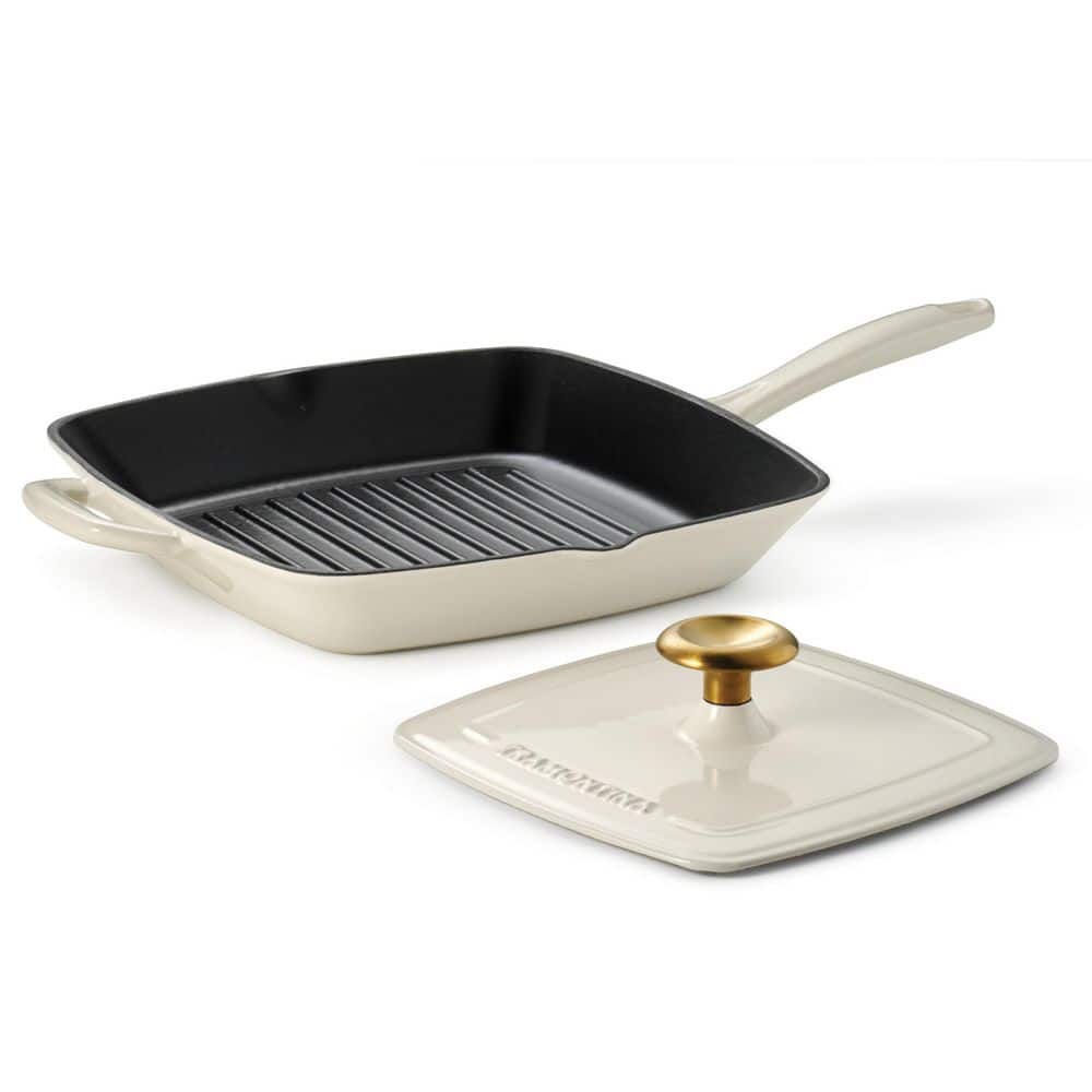 11 in. Cast Iron Grill Pan With Lid-Latte with Gold Knob - Hercitys