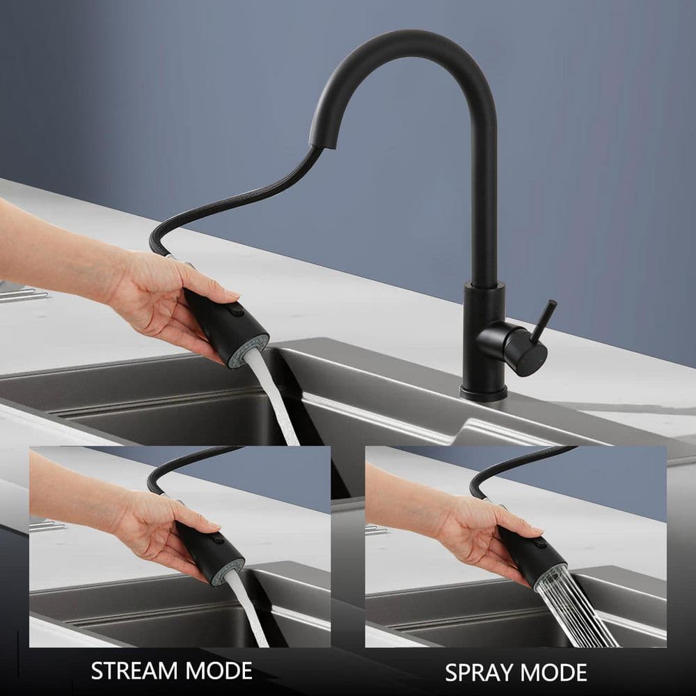 15.67 in Single Handle 360° Spout Swivel Pull Out Sprayer Kitchen Faucet in Stainless Steel in Matte Black - Hercitys