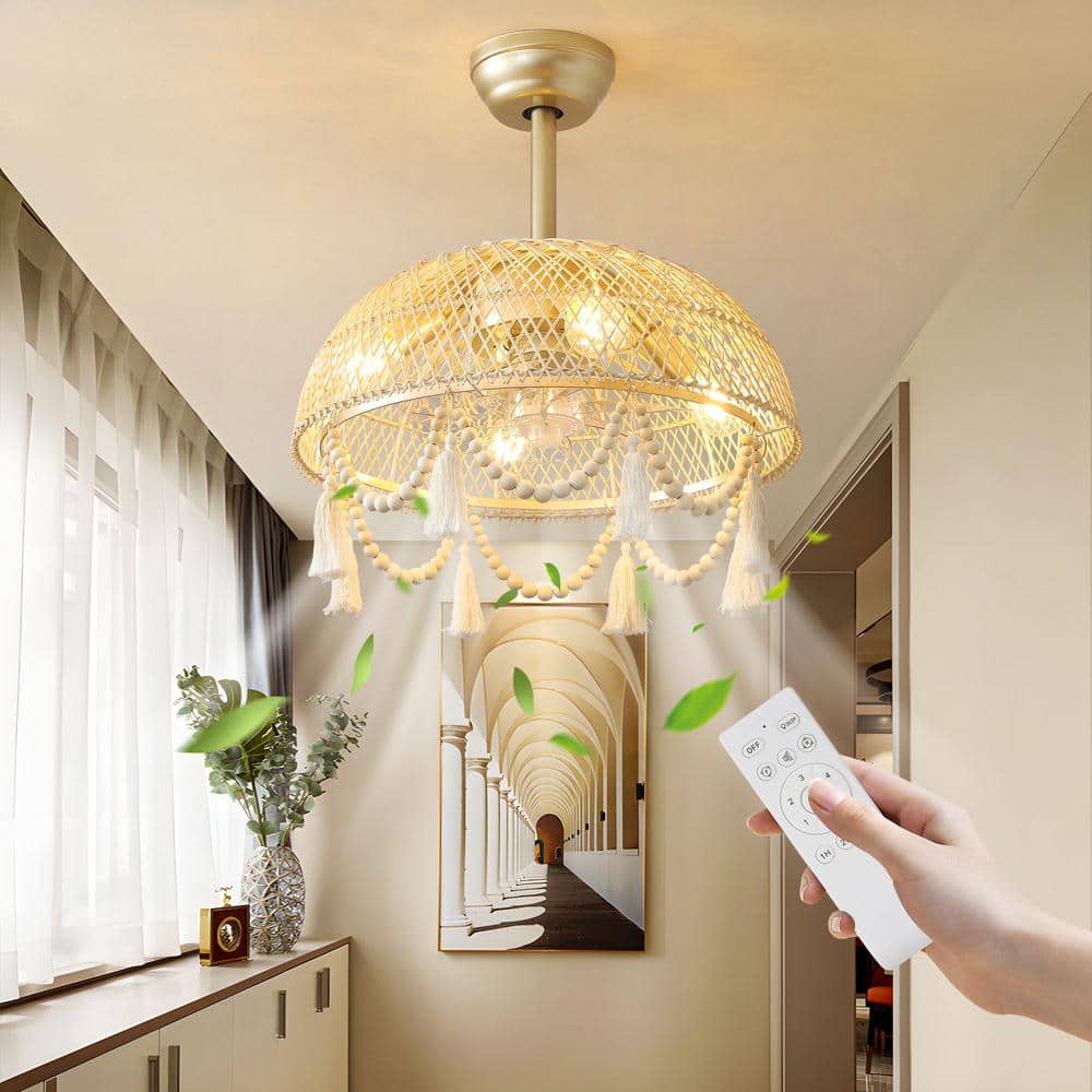 19 in. Indoor Rattan Woven Boho Gold Caged Fandelier Ceiling Fan with Light and Remote Control 6-Speed Reversible Motor - Hercitys