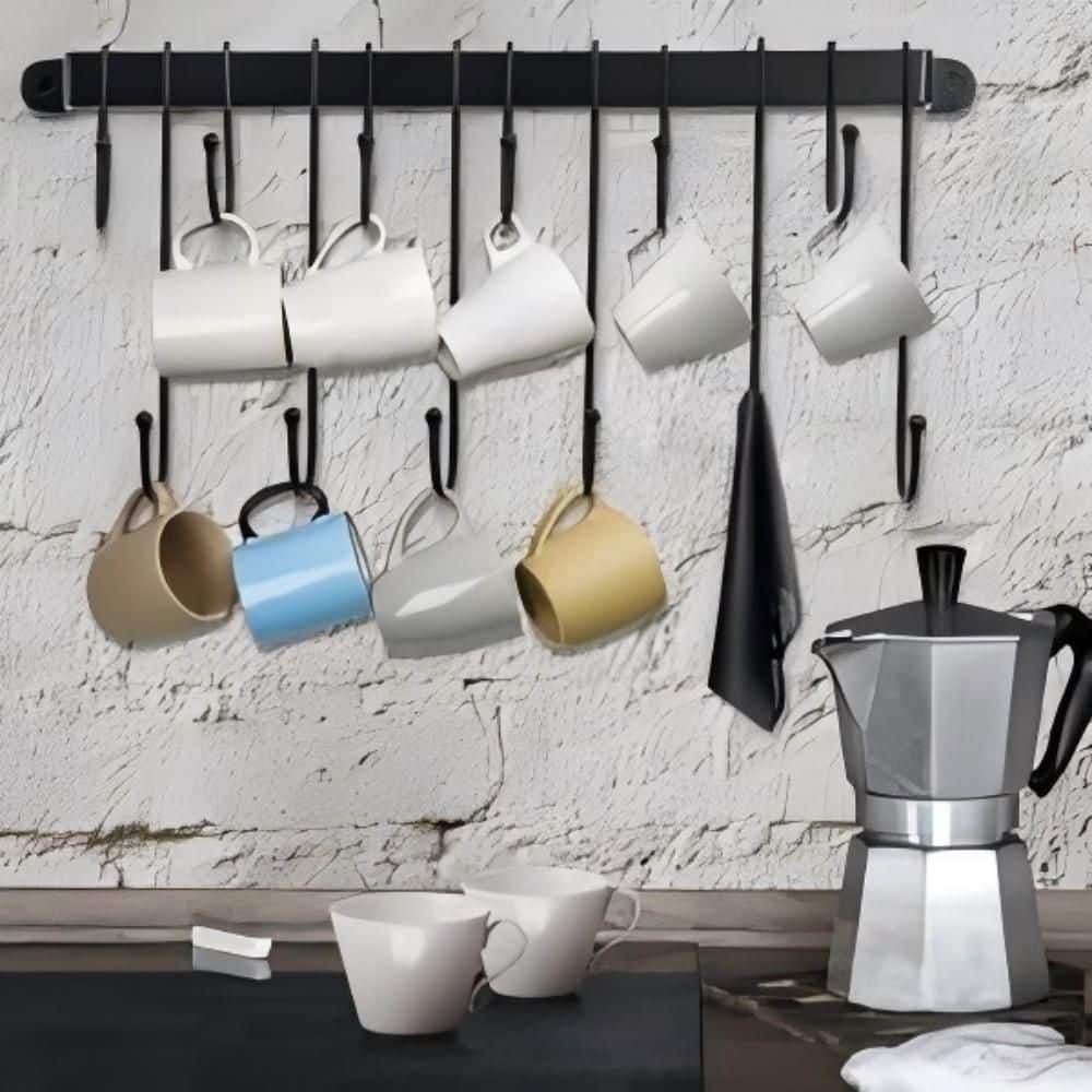 12-Hook Black Hanging Coffee Mug Wall Rack, 23 in. Wall Mounted Mug Hook Coffee Cup Holder - Hercitys