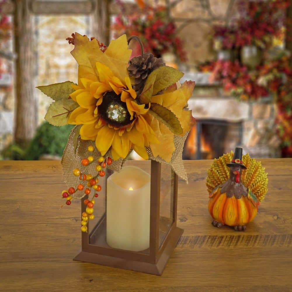 14″ Sunflower and Burlap Bow Decorated Harvest Lantern - Hercitys