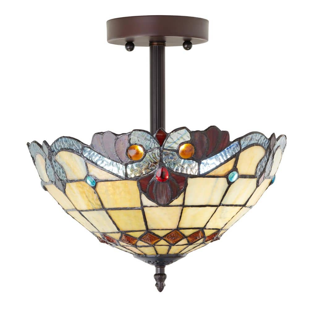 13 in. Tiffany Stained Glass Semi-Flush Mount Ceiling Light with Red and Amber Bowl Shade - Hercitys