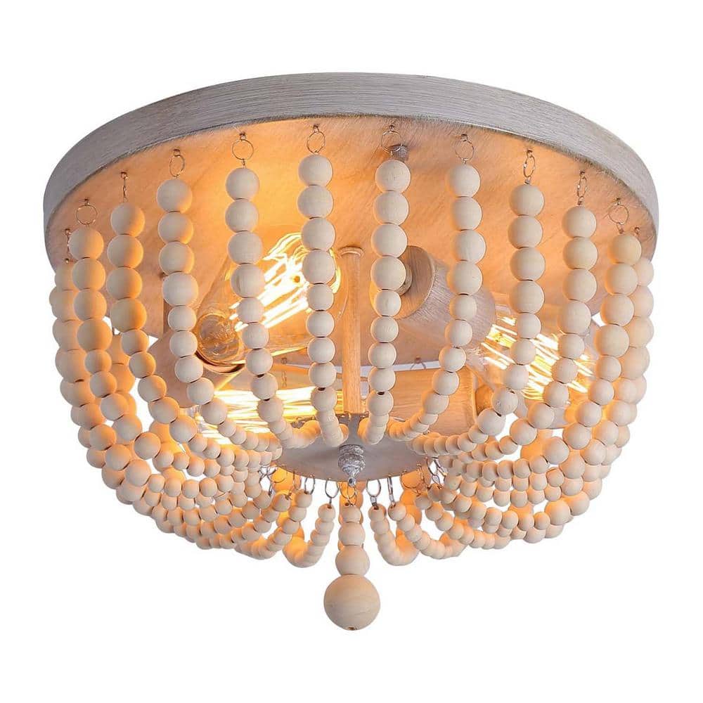 11.8 in. 3-Light Farmhouse Bohemian Wood Beaded Flush Mount - Hercitys