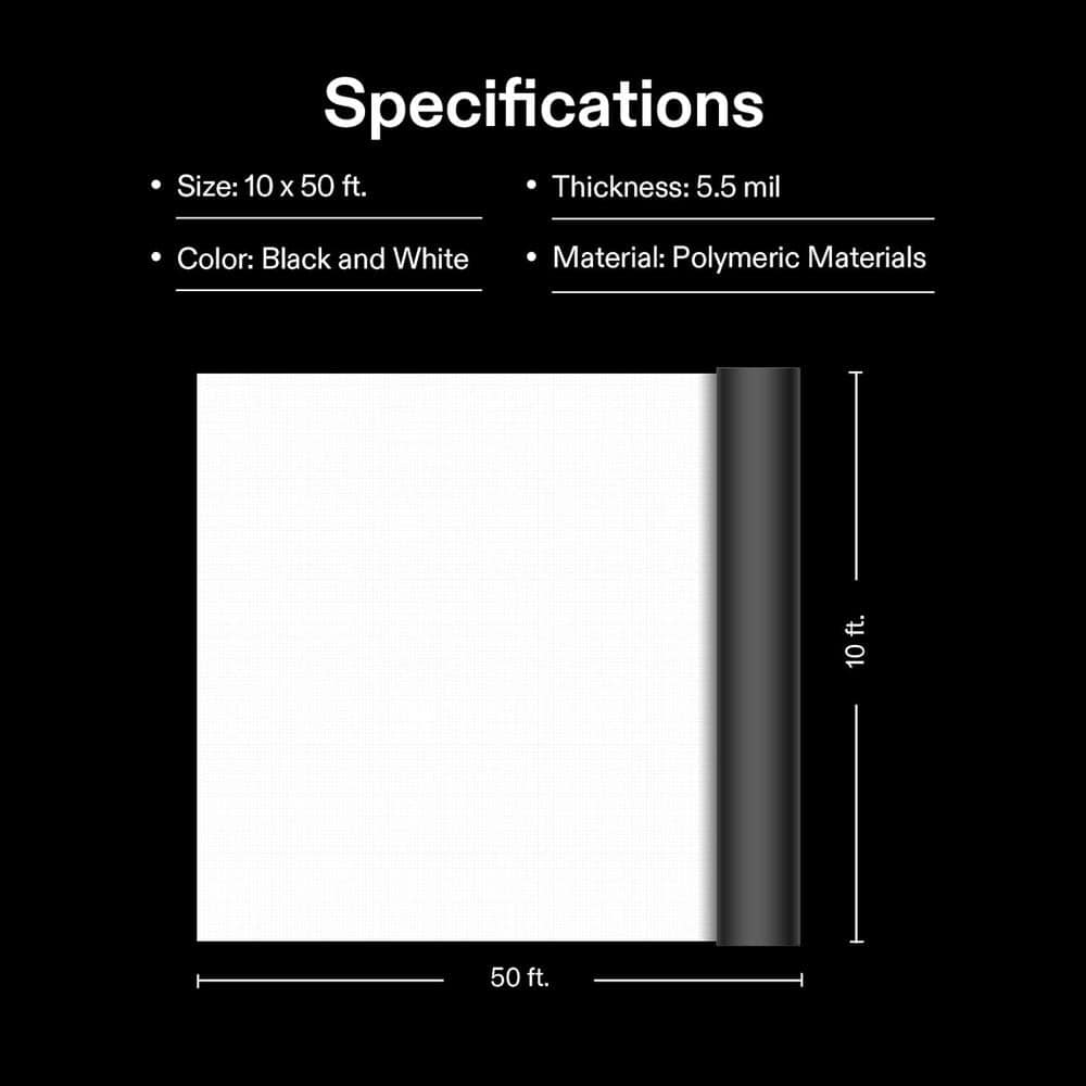 10 ft. x 50 ft. 5.5 Mil Black and White Panda Poly Film, Blackout Tarp for Warm House - Hercitys