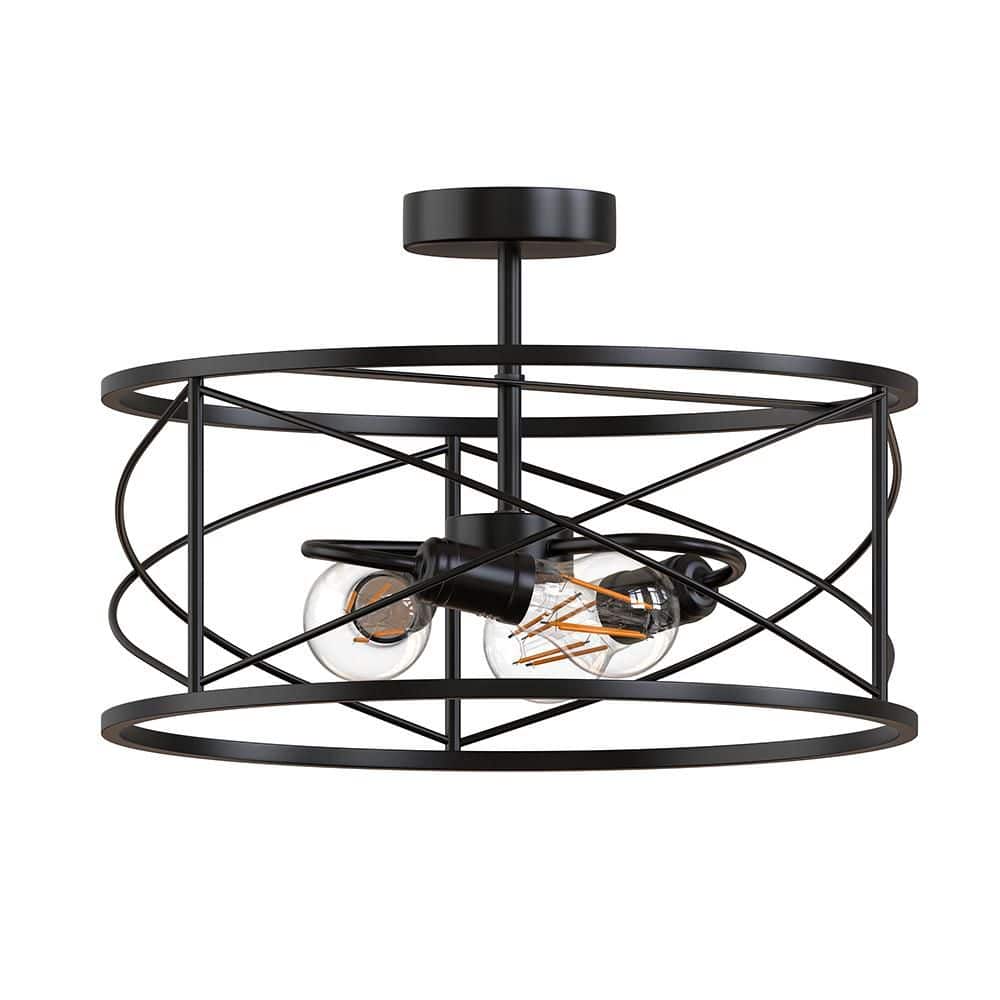 14.57 in. 3-Light Matte Black Semi- Flush Mount with Drum Cage for Bedroom or Hallway - Hercitys