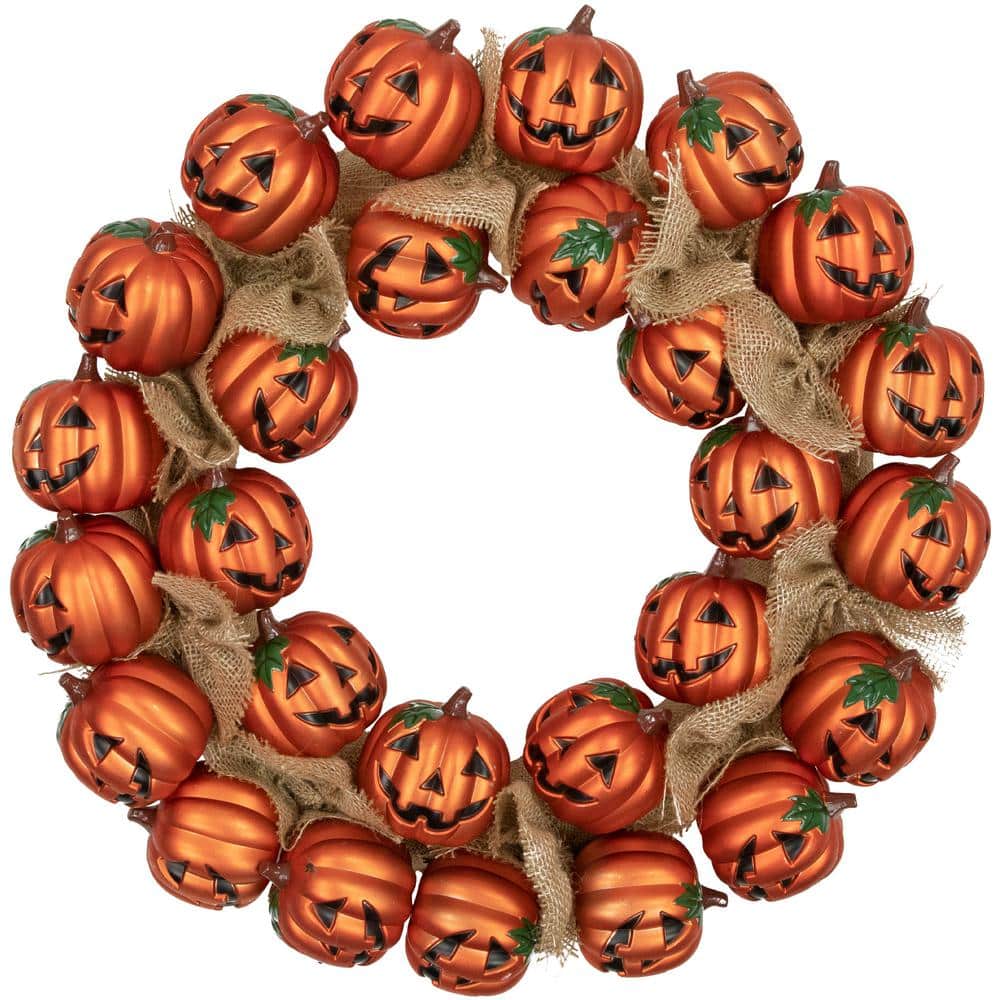 20 in. Orange Unlit Artificial Jack-O-Lantern and Burlap Ribbon Halloween Wreath - Hercitys