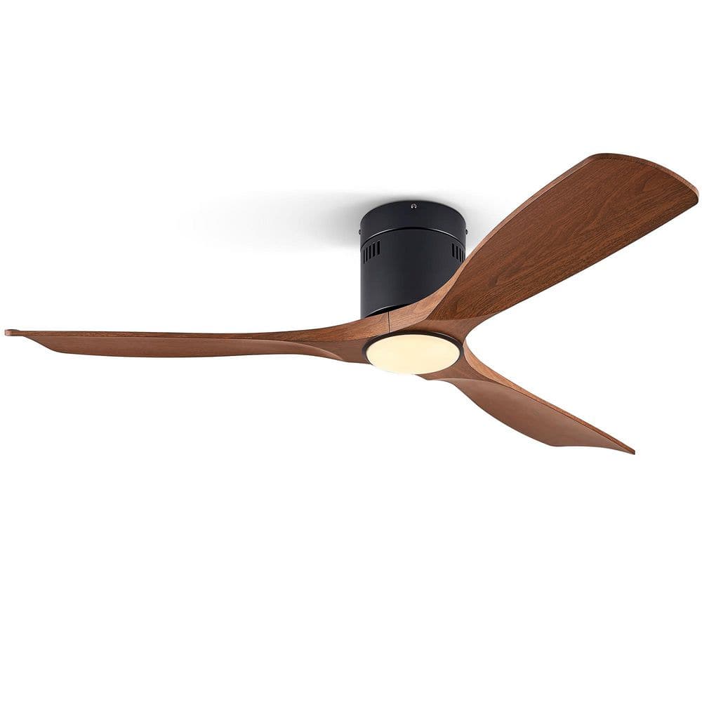 52 in. LED Indoor/Outdoor Flush Mount Walnut and Matte Black Ceiling Fan with Light Kit and Remote Control - Hercitys