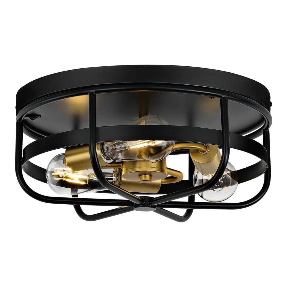 13.8 in. 3-Light Matte Black Flush Mount with Metal Shade and No Bulbs Included - Hercitys