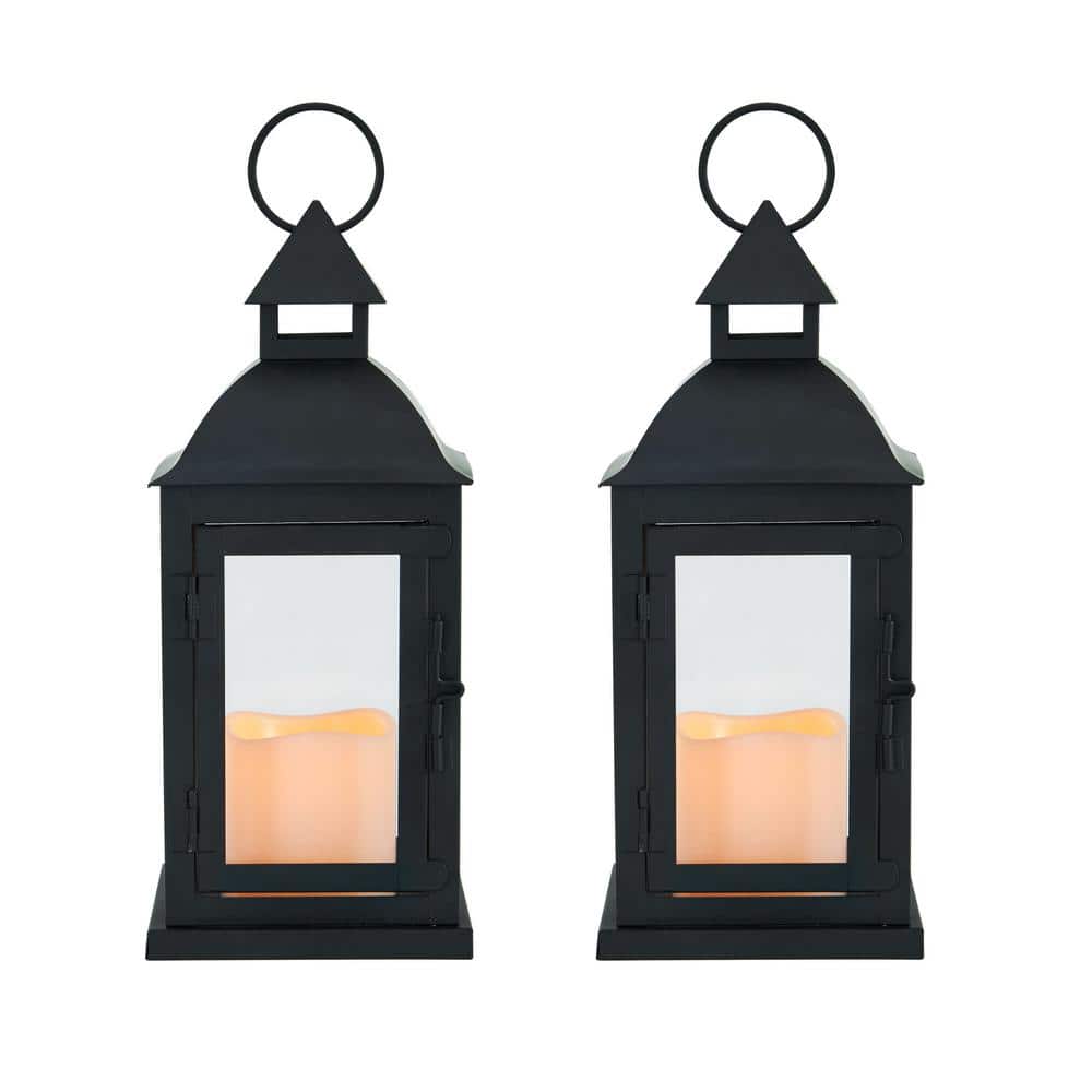 (Set of 2) Black Traditional Metal Lanterns 3 in. x 4 in. LED Pillars Included - Hercitys