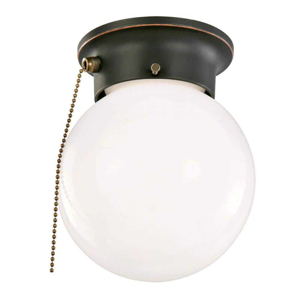 1-Light Oil Rubbed Bronze Ceiling Light with Opal Glass and Pull Chain - Hercitys