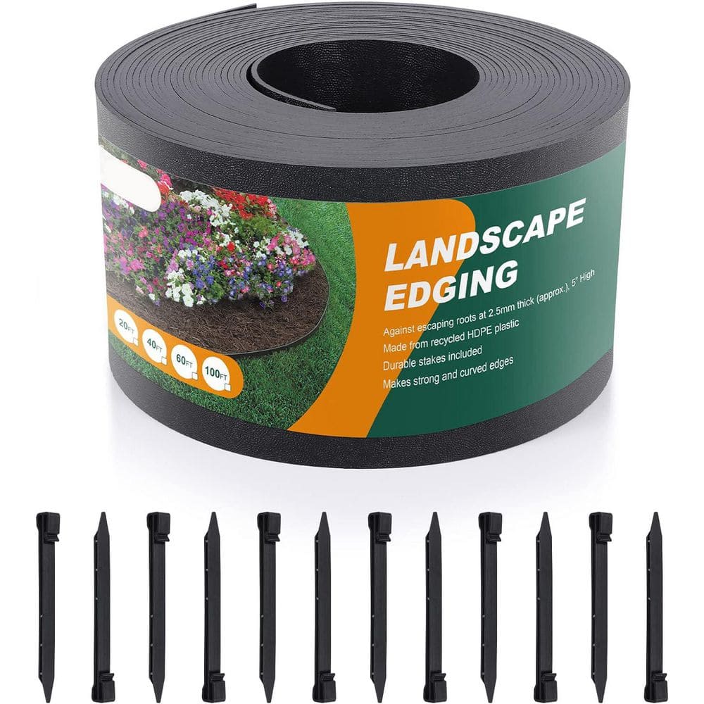 40 ft. Flexible Garden Edging with 12 Stakes, 5in Tall, UV-Resistant, Recycled HDPE - Hercitys