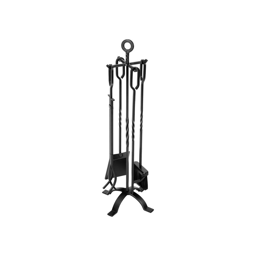 5-Piece Wrought Iron Fireplace Tool Set with Poker, Grabber, Broom, Shovel - Hercitys