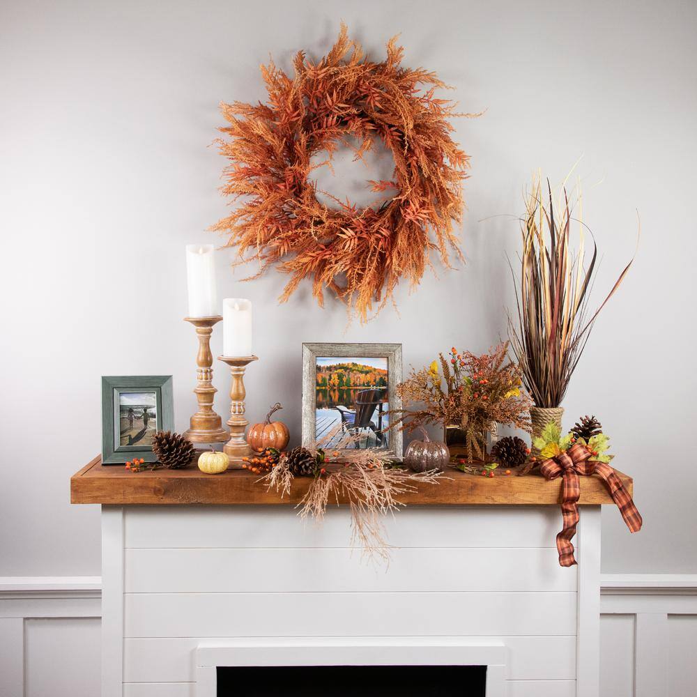 24 in. Unlit Peachy Pampas Grass Artificial Fall Harvest Wreath - Hercitys