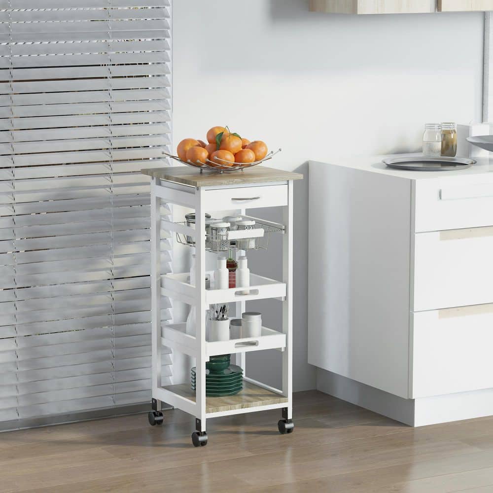 5-Tier Solid  Wood 4-Wheeled Mobile Kitchen Cart with Storage, Wire Fruit Baskets, Trays and Drawer, White - Hercitys