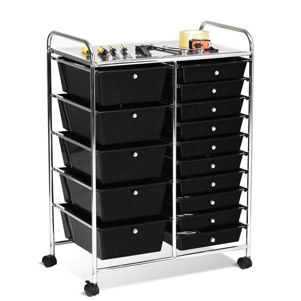 15-Drawer Steel 4-Wheeled Utility Rolling Cart Storage Organizer in Black - Hercitys