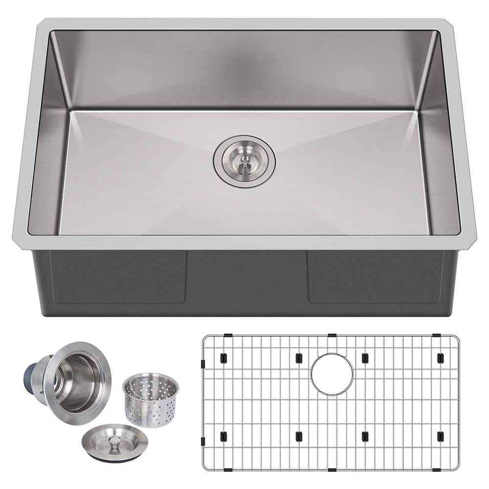 27 in. Undermount Single Bowl 16-Gauge 304 Stainless Steel Kitchen Sink with Bottom Grid and Strainer - Hercitys