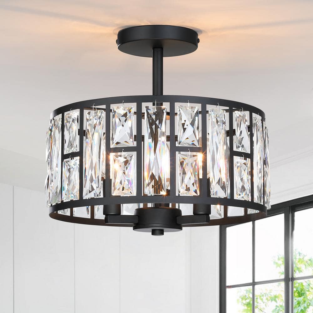 12 in. 3-Light Round Modern Black Drum Semi Flush Mount Ceiling Light with Clear Crystal Glass - Hercitys