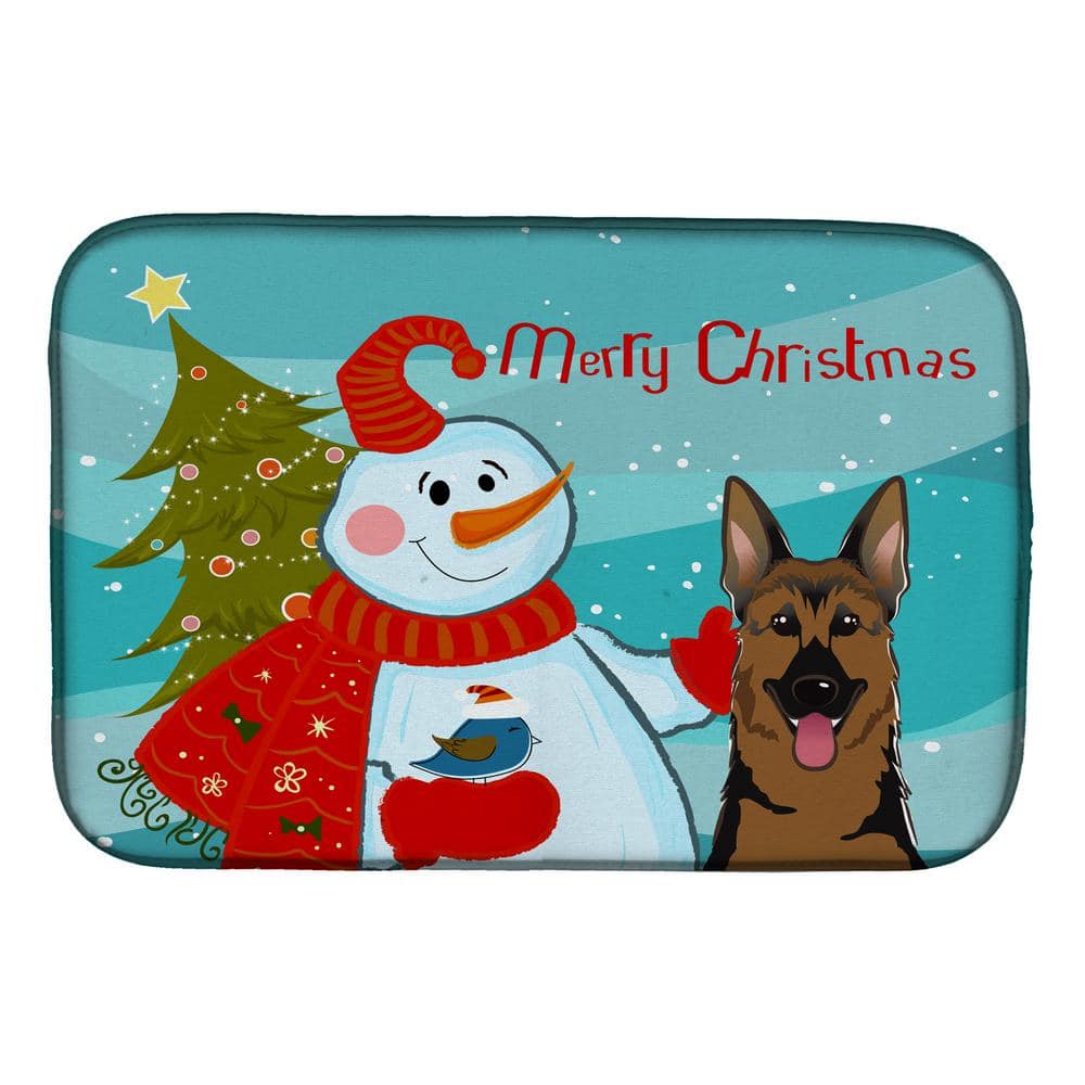 14 in. x 21 in. Multi-Color Snowman with German Shepherd Dish Drying Mat - Hercitys