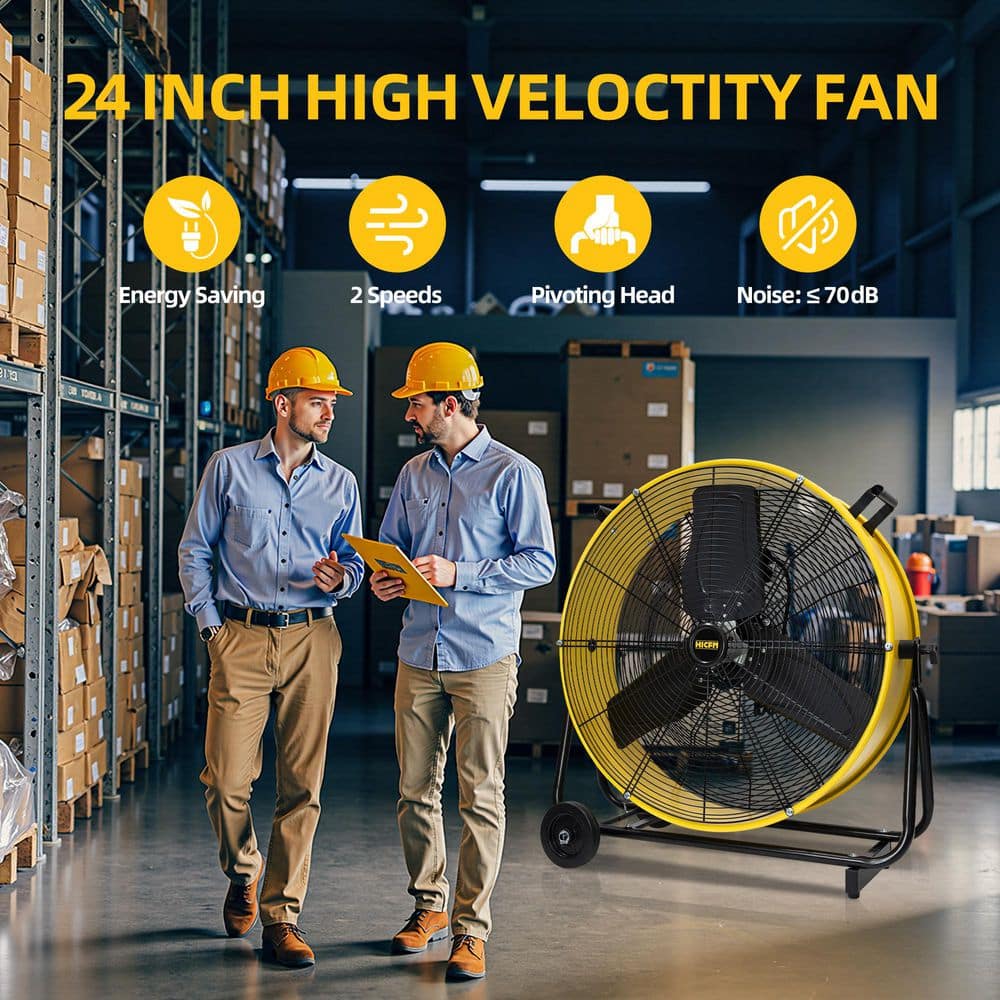 24 in. 2 Speeds Portable High Velocity Drum Fan in Yellow with Powerful 1/3 HP TEAO Enclosure Motor, Turbo Blade - Hercitys