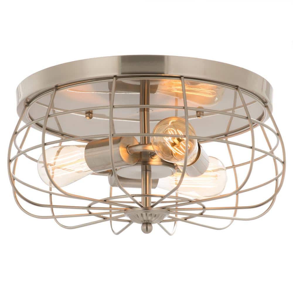15 in. Industrial 3-Light Brushed Nickel Metal Cage Flush Mount - Hercitys