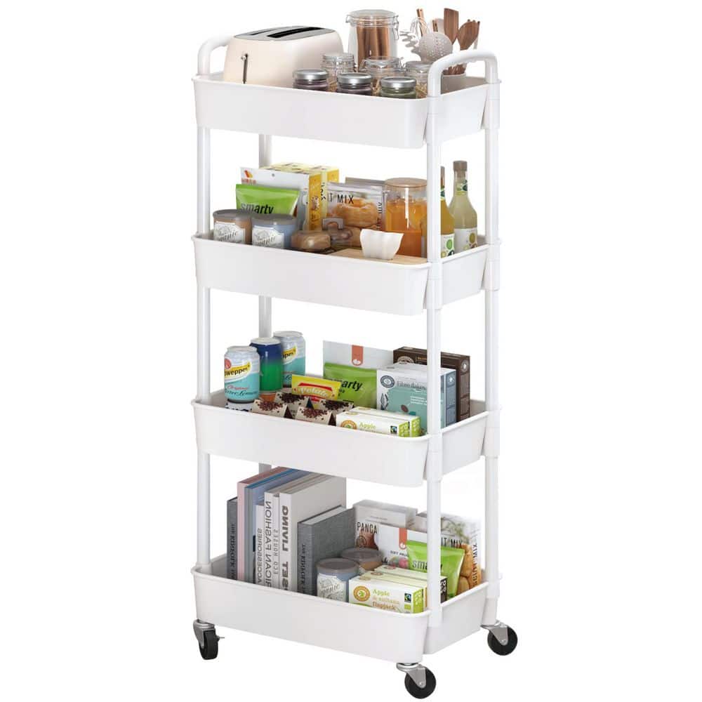 4-Tier Plastic -Wheeled Storage Utility Cart in White - Hercitys