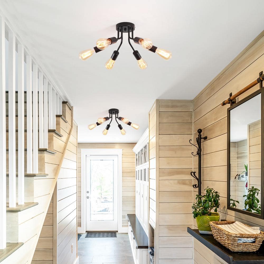 14.76 in. 6-light Matte Black Modern Linear Semi-Flush Mount for Foyer with No Bulbs Included - Hercitys