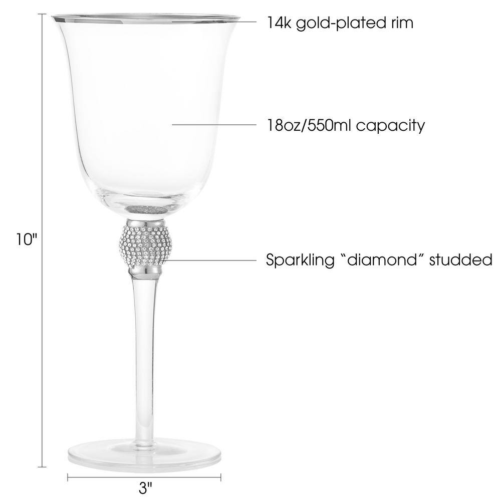 (Set of 6) Luxurious Rose and White 18 oz. Wine Glass with Dazzling Rhinestone Design and Silver tone Rim - Hercitys