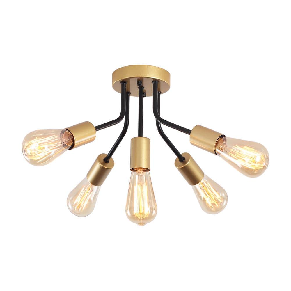 14.76 in. 5-light Matte Black/Golden Modern Linear Semi-Flush Mount for Foyer with No Bulbs Included - Hercitys