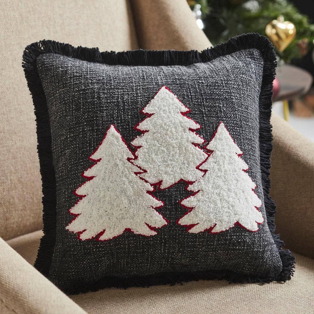 12 in. x 12 in. Soft Black, Light Creme, Candy Cane Red 3-Trees Woven Decorative Christmas Throw Pillow - Hercitys