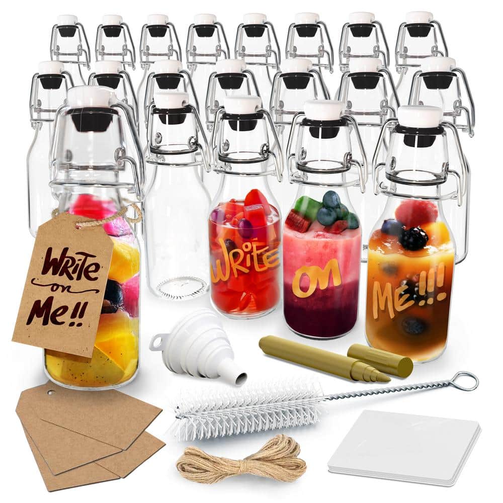 4 oz. Round Swing Top Glass Bottles with Bottle Brush, Funnel, Tags, Shrink Wrap and Glass Marker (Set of 20) - Hercitys