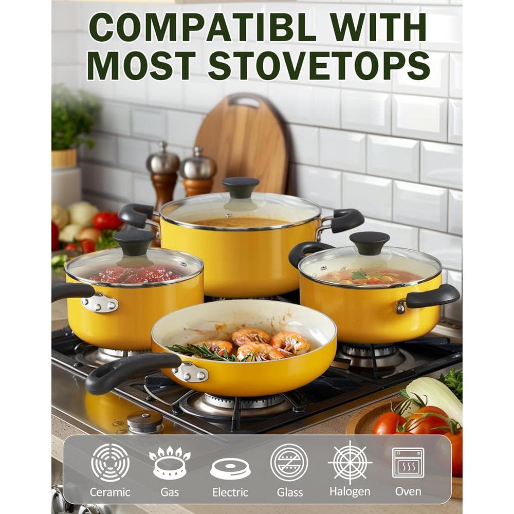 10-Piece Ceramic Nonstick Aluminum Kitchen Cookware Set, Yellow - Hercitys