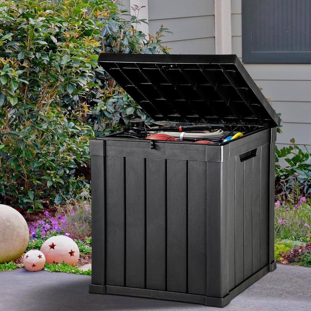 51-Gallon, 21.8 x 21.8 x 24 in. Waterproof Black Resin Outdoor Storage Deck Box with Lockable Lid - Hercitys