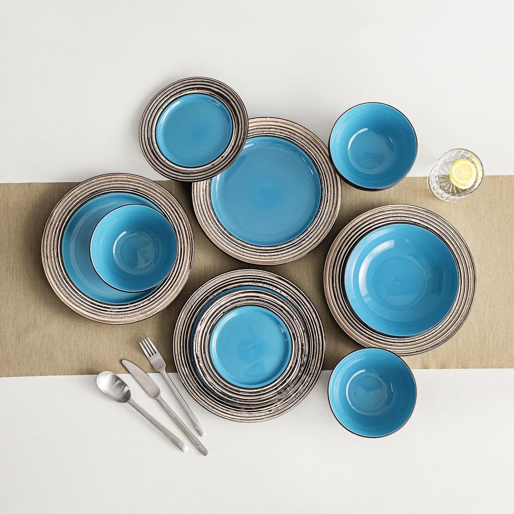 16-Piece Blue and Black Stoneware Dinnerware Set Service for 4-Bowls and Plates Tableware Set - Hercitys