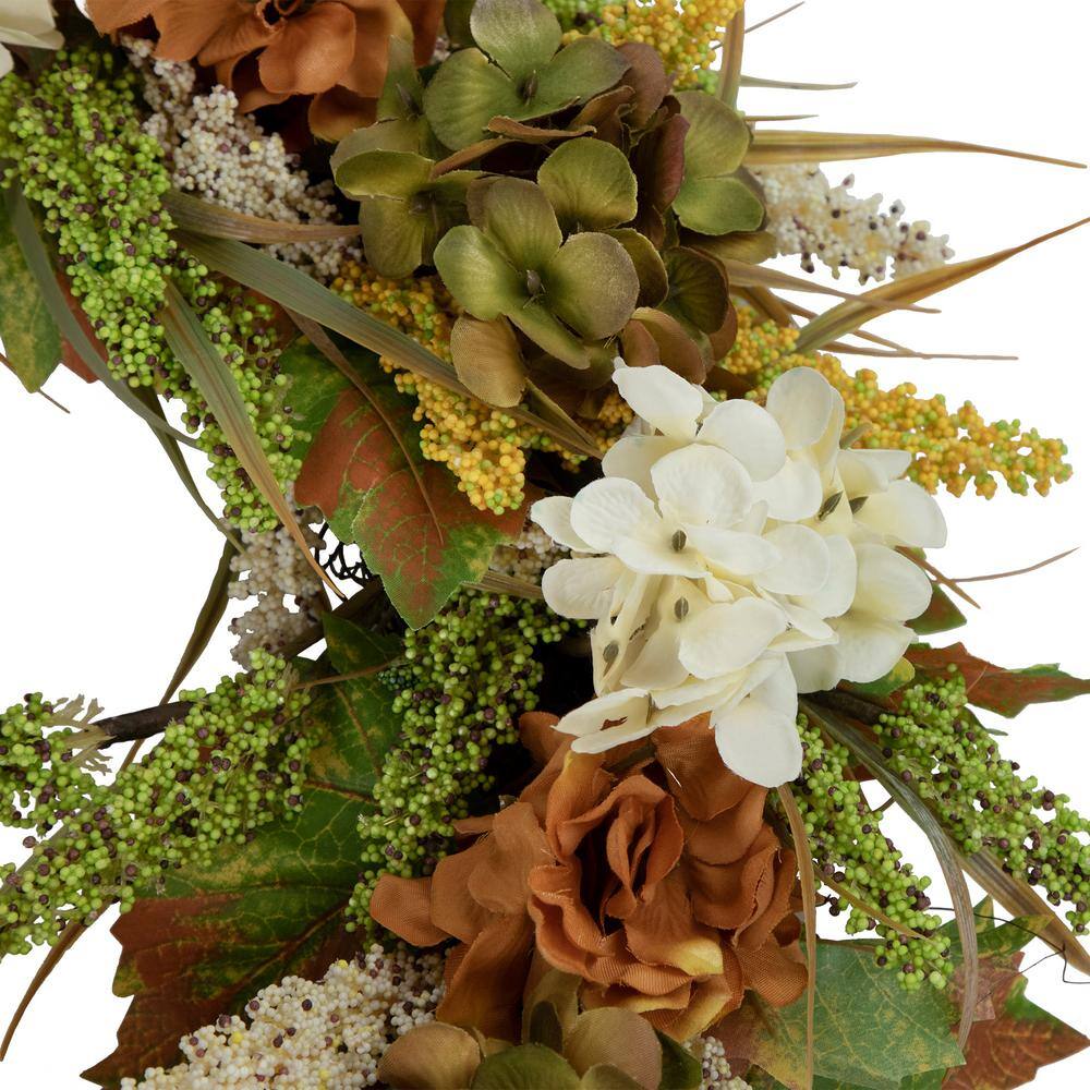 28 in. Unlit White and Orange Hydrangea Artificial Fall Harvest Twig Wreath - Hercitys