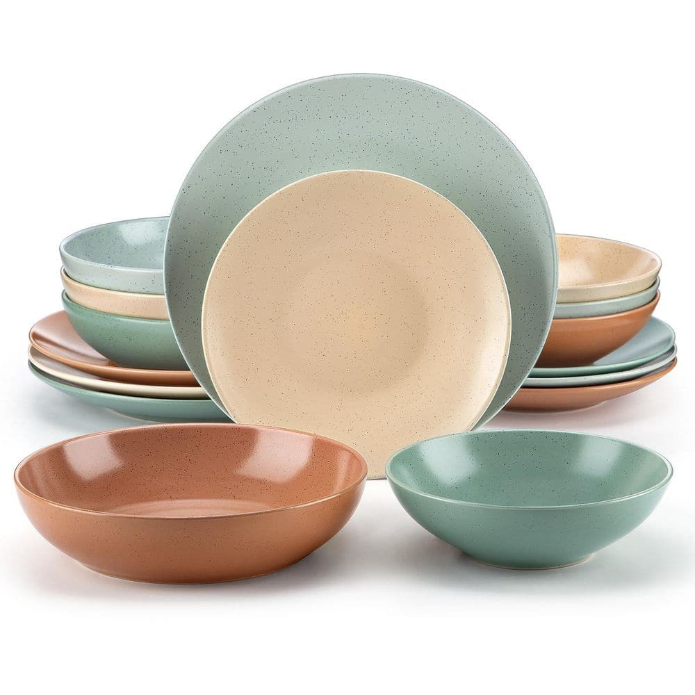 16-Piece Multi-Colored Stoneware Dinnerware Set Service for 4-Sesame Glaze Tableware Bowls and Plates Dinner Set - Hercitys