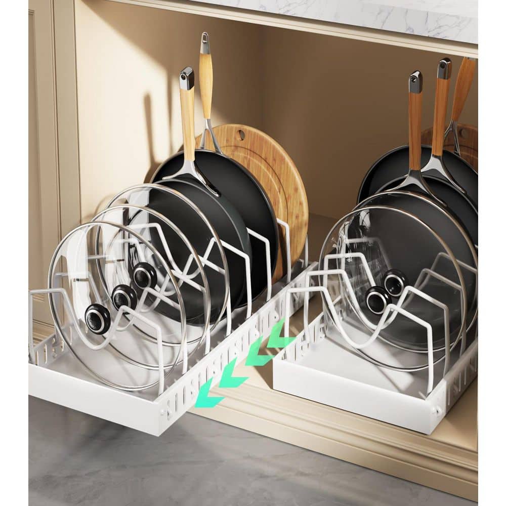 2-Pack White Carbon Steel Pull Out Pot Rack Under Cabinet with 8 Dividers, Slide Out inside Cabinet Storage for Pot Lid - Hercitys