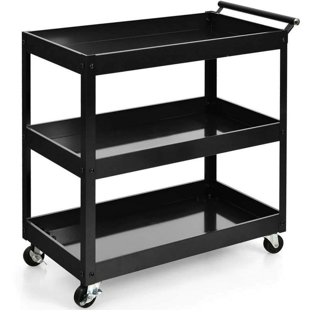 3-Tier Black Rolling Utility Kitchen Cart on Wheels with Steel Frame and Four Wheels - Hercitys