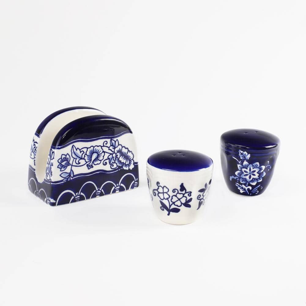 3-Piece Blue Garden Table Accessory Set (Salt and Pepper Shakers and Napkin Holder) - Hercitys