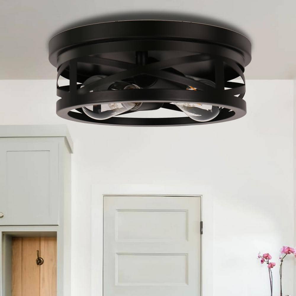 11 in.2-Light Black Flush Mount with Drum Metal Cage Shade for Entryway Bedroom (2-Pack) - Hercitys