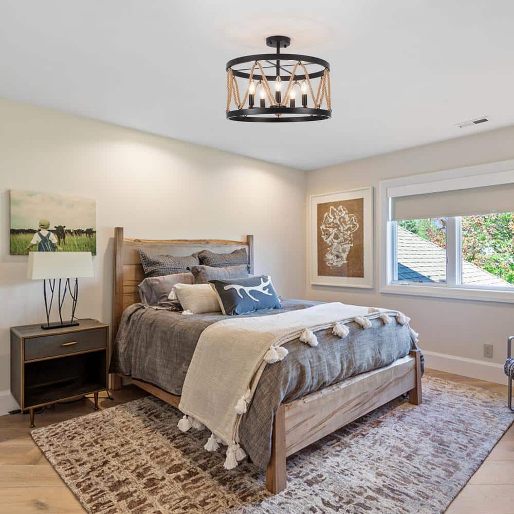 19.68 in. 5-Light Black Drum Metal Hemp Rope Semi-Flush Mount Light，No Bulbs Included - Hercitys